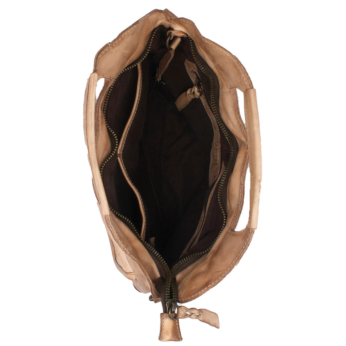 Top view of the Bed Stu Greenway, a stylish tan leather crossbody bag with multiple inner compartments and a secure zipper pocket.