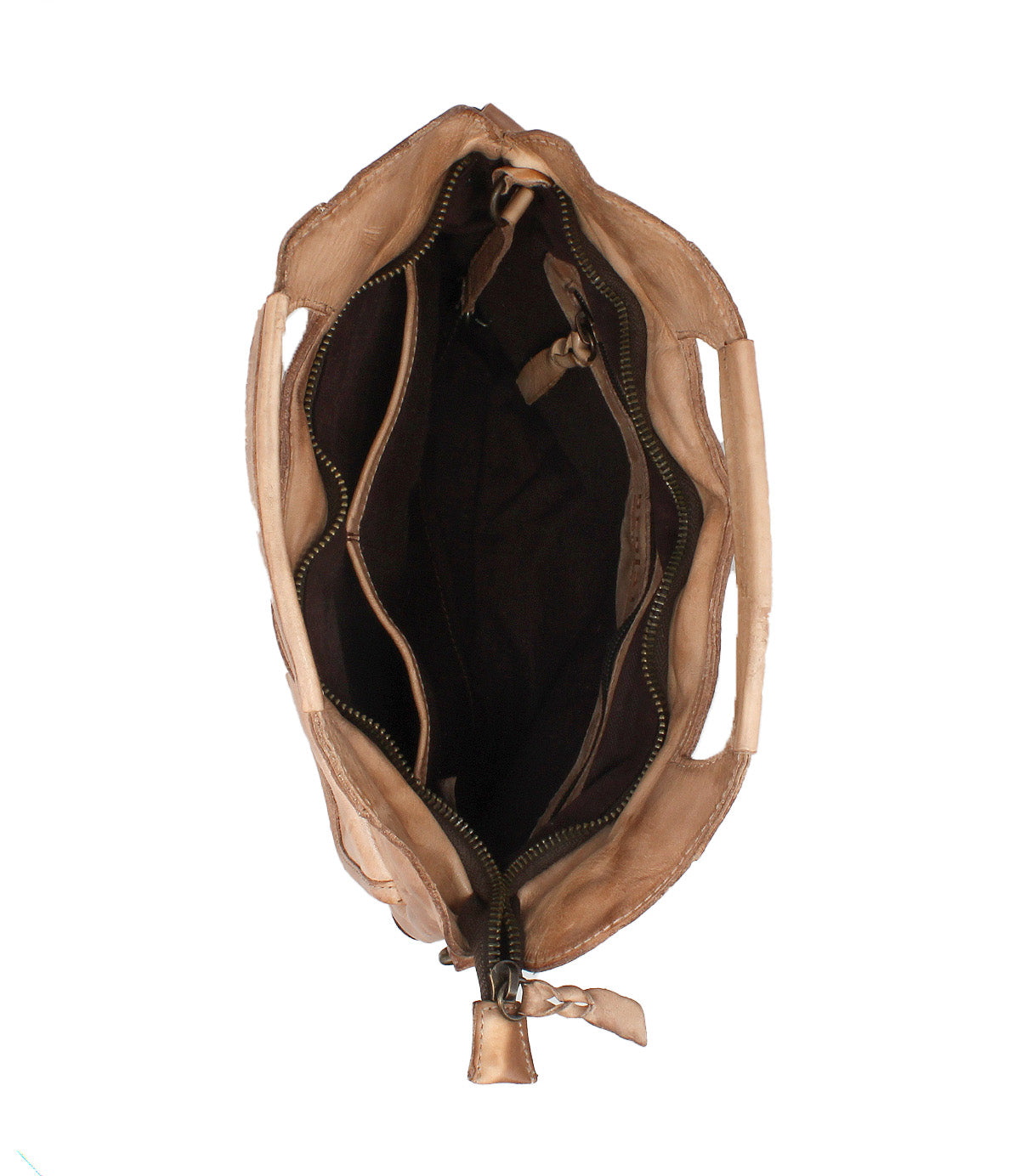Top view of the Bed Stu Greenway, a stylish tan leather crossbody bag with multiple inner compartments and a secure zipper pocket.