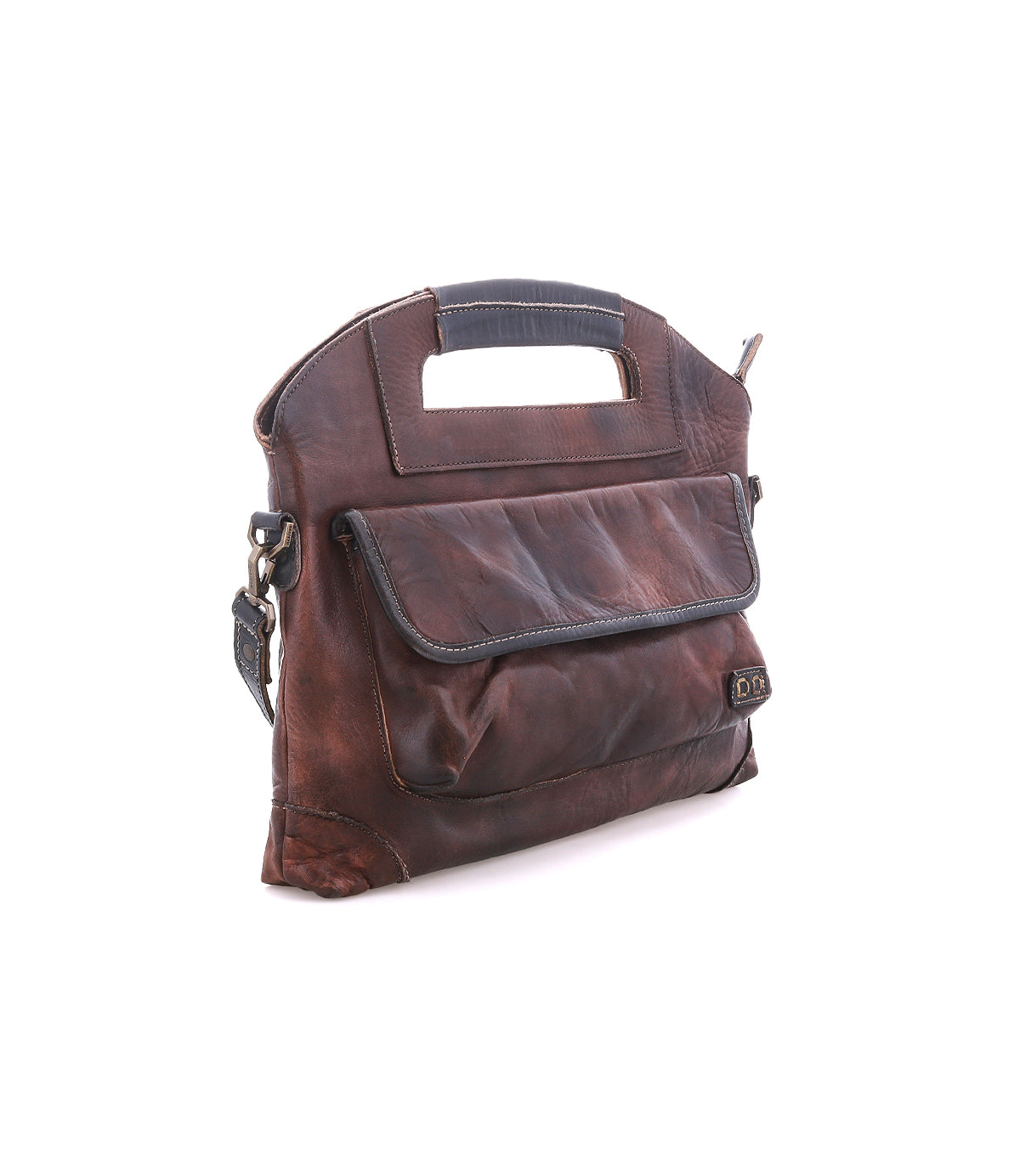 Bed|Stü Greenway full-grain leather satchel in brown, featuring a handle cutout, front flap pocket, and crossbody strap, photographed on a white background.