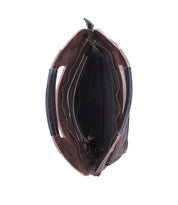 The Bed|Stü Greenway full-grain leather brown handbag is viewed from above, revealing a spacious interior with multiple zippered compartments and pockets, a secure zip-top closure, and two black handles on either side.