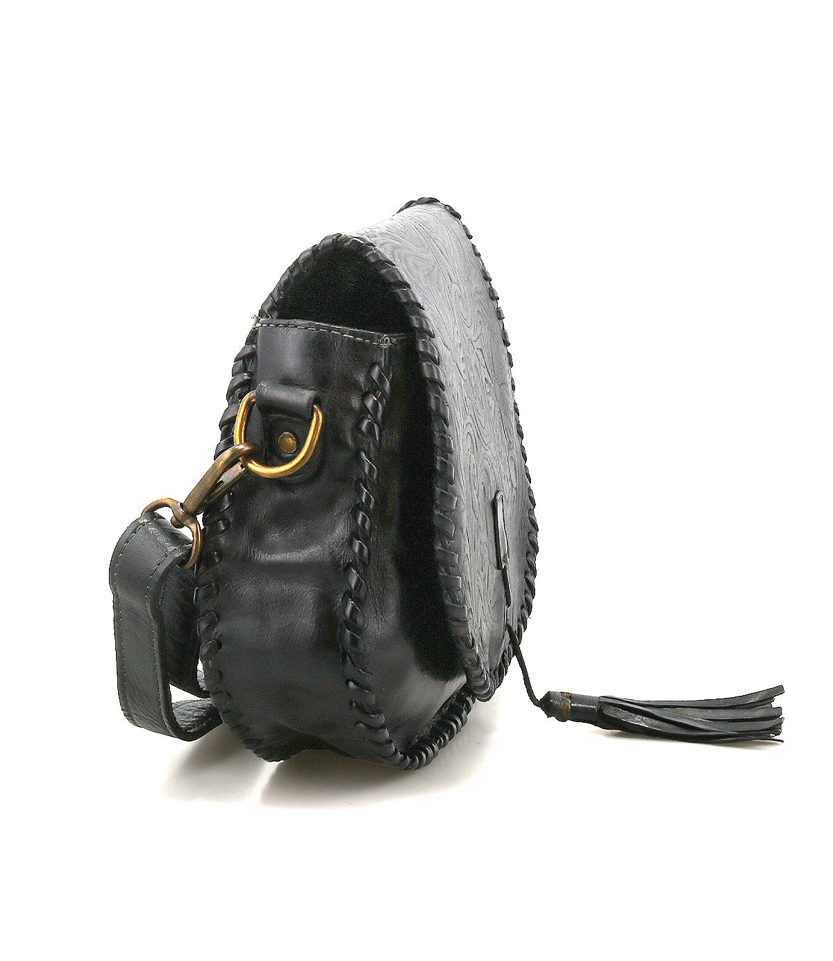 Bed Stu’s Half Moon EM is a black leather saddlebag crossbody purse featuring stitched edges, brass hardware, and a leather tassel zipper pull, shown at an angle to highlight its side and strap.