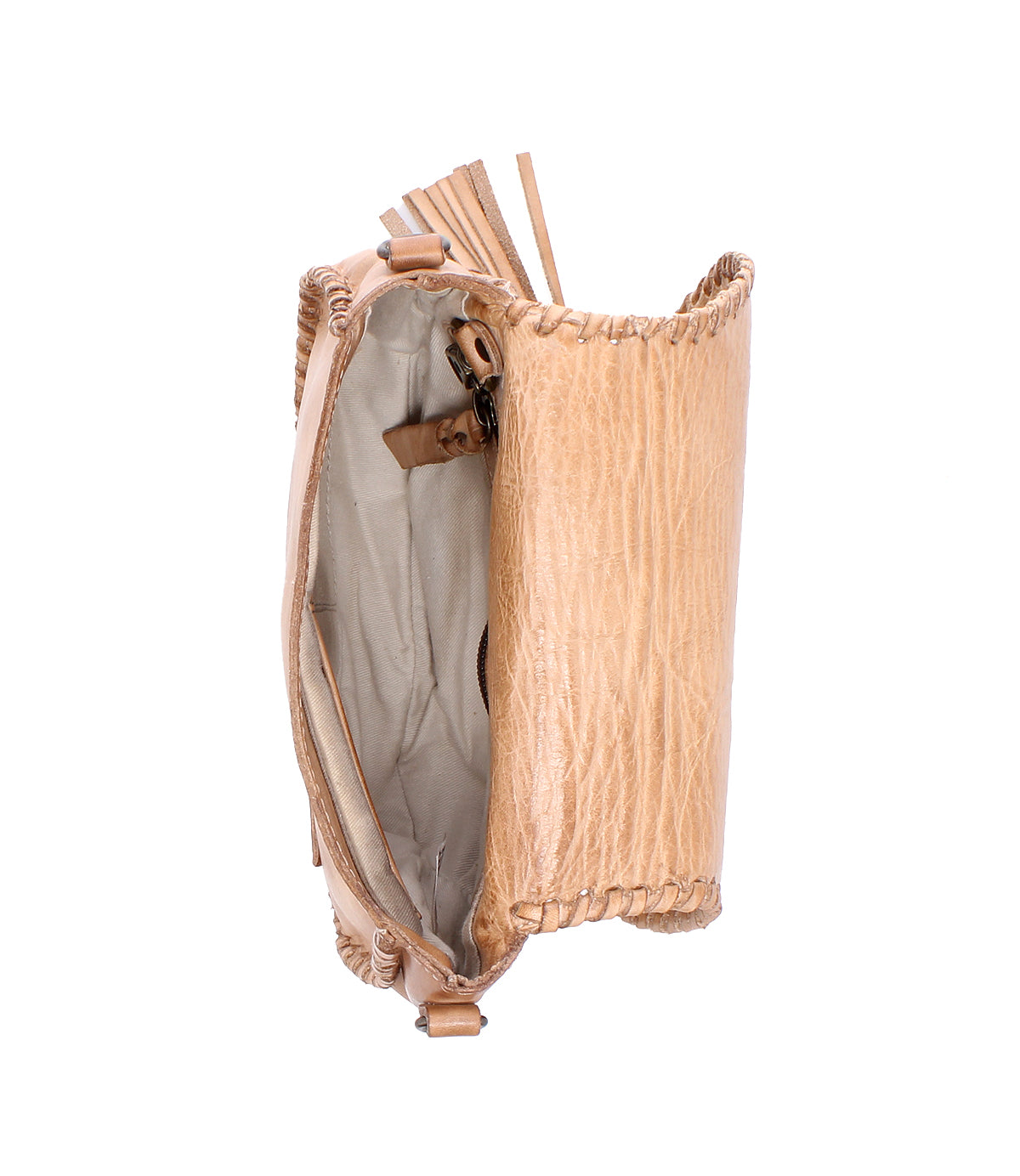 The Bed Stu Half Moon EM is a tan leather crossbody purse with woven edges and an embossed foliage pattern, shown open to display its light gray lining and zipper pocket, all set against a white background.