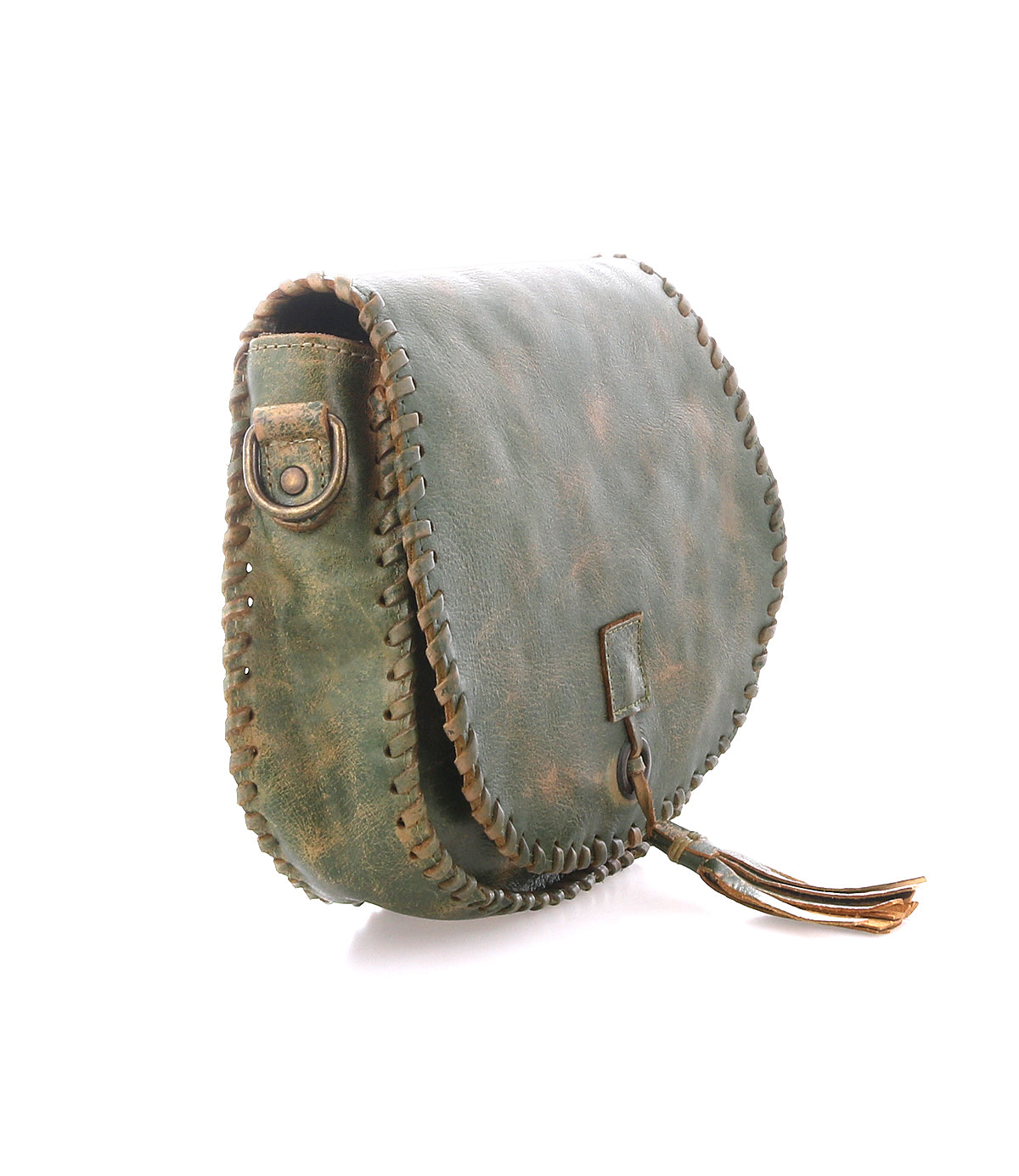 The Half Moon by Bed Stu is a small green leather crossbody purse with visible edge stitching, a front flap closure, and a leather tassel accent.