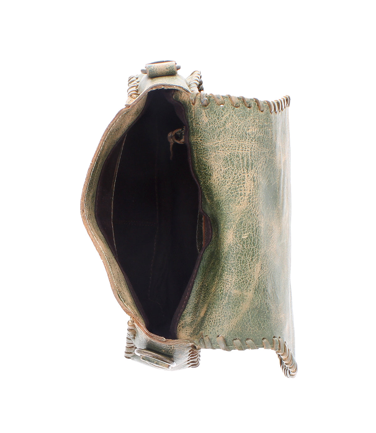 Top view of the Bed Stu Half Moon crossbody purse in greenish leather with brown edge stitching, featuring an open design and a dark interior compartment.