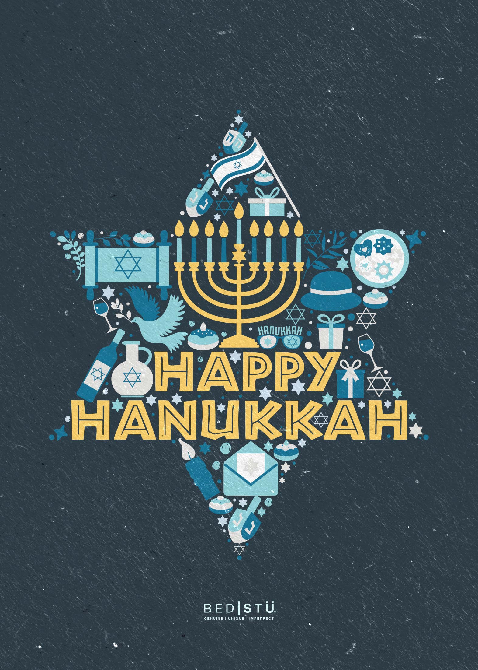 Bed|Stü Happy Hanukkah greeting card with hanukkah symbols.