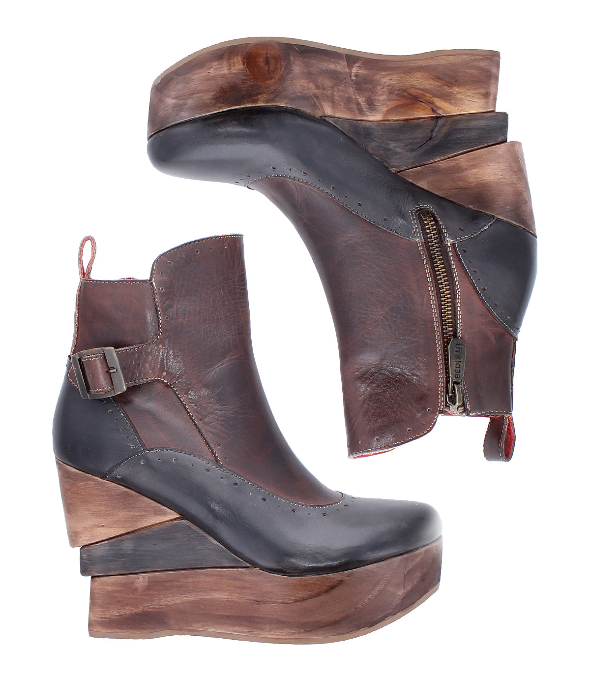 The Bed Stu "Harmonious" boots are brown leather platform wedge ankle boots with sculptural wood soles, leather lining, side zippers, and buckle details, displayed from side and top views on a white background.