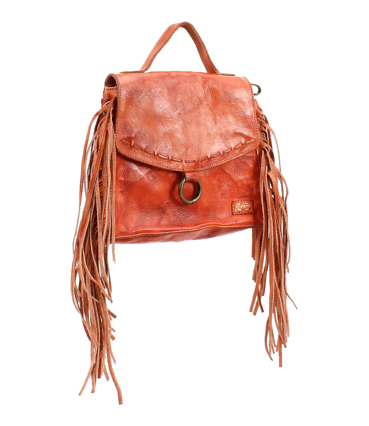 The Bed Stu Hidden is a brown leather crossbody bag with playful fringe accents, a round metal clasp, top handle, and adjustable strap for versatile styling.