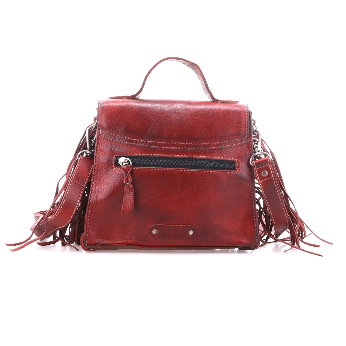 The Bed Stu Hidden is a red leather crossbody bag featuring a top handle, adjustable strap, front zipper pocket, decorative fringe tassels, and metal accents.