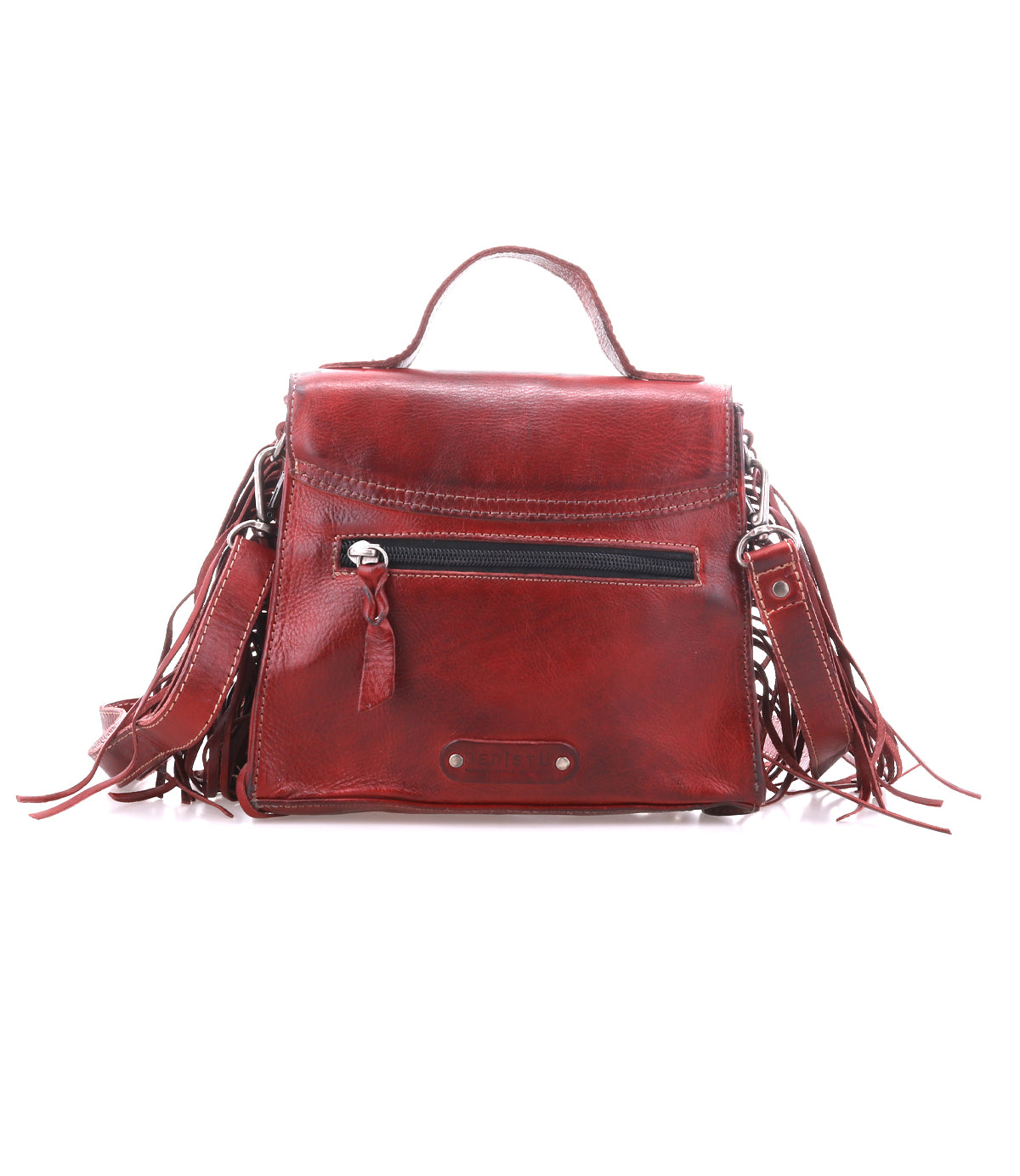 The Bed Stu Hidden is a red leather crossbody bag featuring a top handle, adjustable strap, front zipper pocket, decorative fringe tassels, and metal accents.