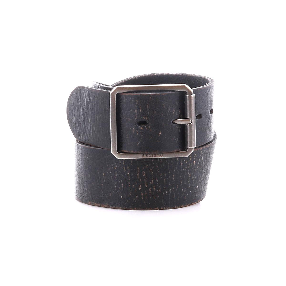The Bed|Stü Hobo belt is featured rolled up with its square metal buckle displayed, crafted in black leather and set against a white background—an ideal accessory for everyday style.