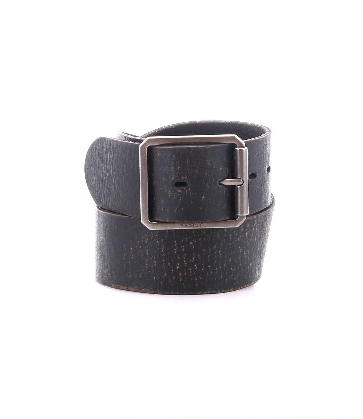 The Bed Stu Hobo is a classic men's black leather belt with a rectangular silver buckle, coiled upright on a white background—ideal for dressing up any look.