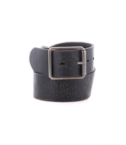 The Bed Stu Hobo is a classic men's black leather belt with a rectangular silver buckle, coiled upright on a white background—ideal for dressing up any look.