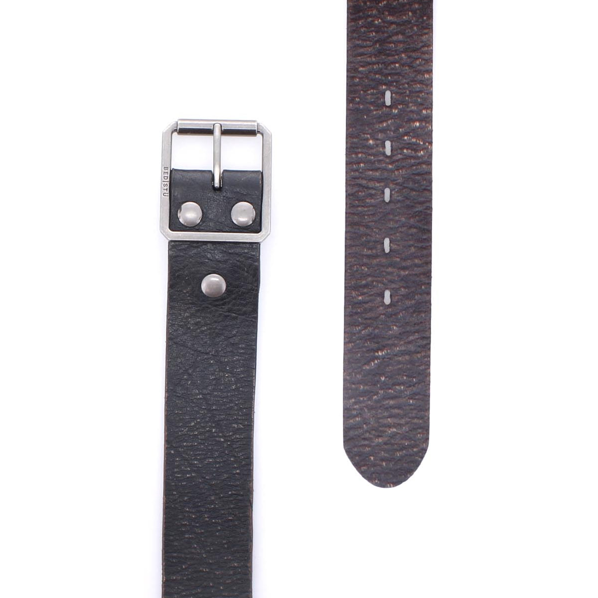 A close-up of the Bed|Stü Hobo’s black textured leather strap, featuring a sleek metal buckle and sturdy metal rivets, highlights both the buckle end and the tapered end with adjustment holes—perfect for elevating your everyday style.