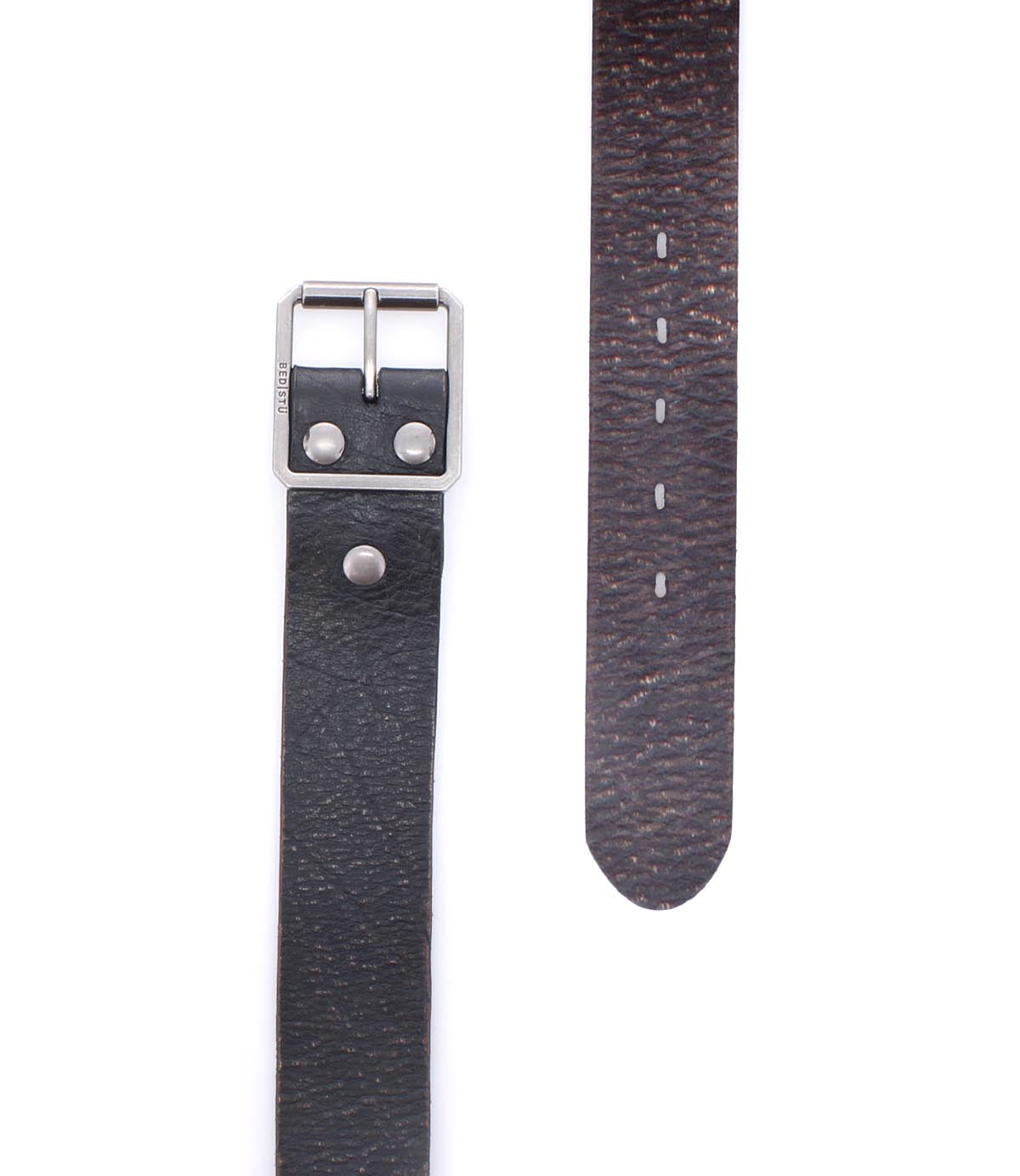 Two sections of the Bed Stu Hobo belt in black textured leather with a silver buckle and metal rivets are shown against a white background—a stylish men's accessory.