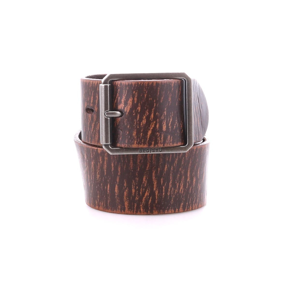 Introducing the Bed|Stü Hobo—a dark brown leather belt with a textured woodgrain pattern, crafted from a durable leather strap and finished with a sturdy metal buckle, rolled up on a white background—perfect for elevating your everyday style.
