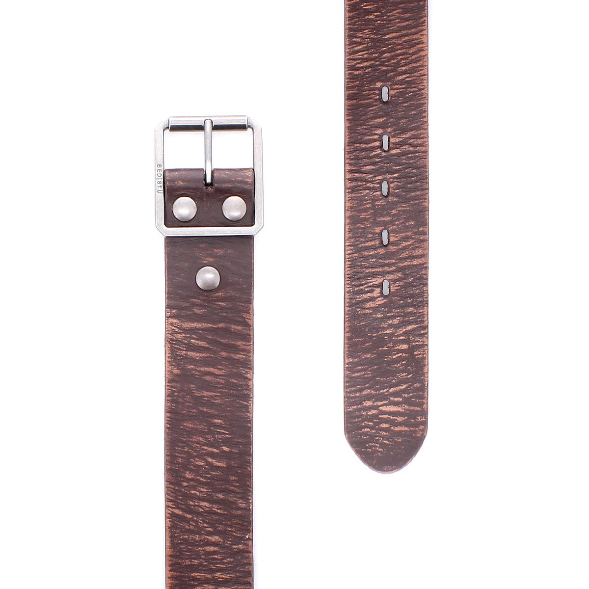 The Bed|Stü Hobo brown leather belt features a textured pattern, a sturdy metal buckle, and multiple adjustment holes along the leather strap for everyday style. Shown on a white background.
