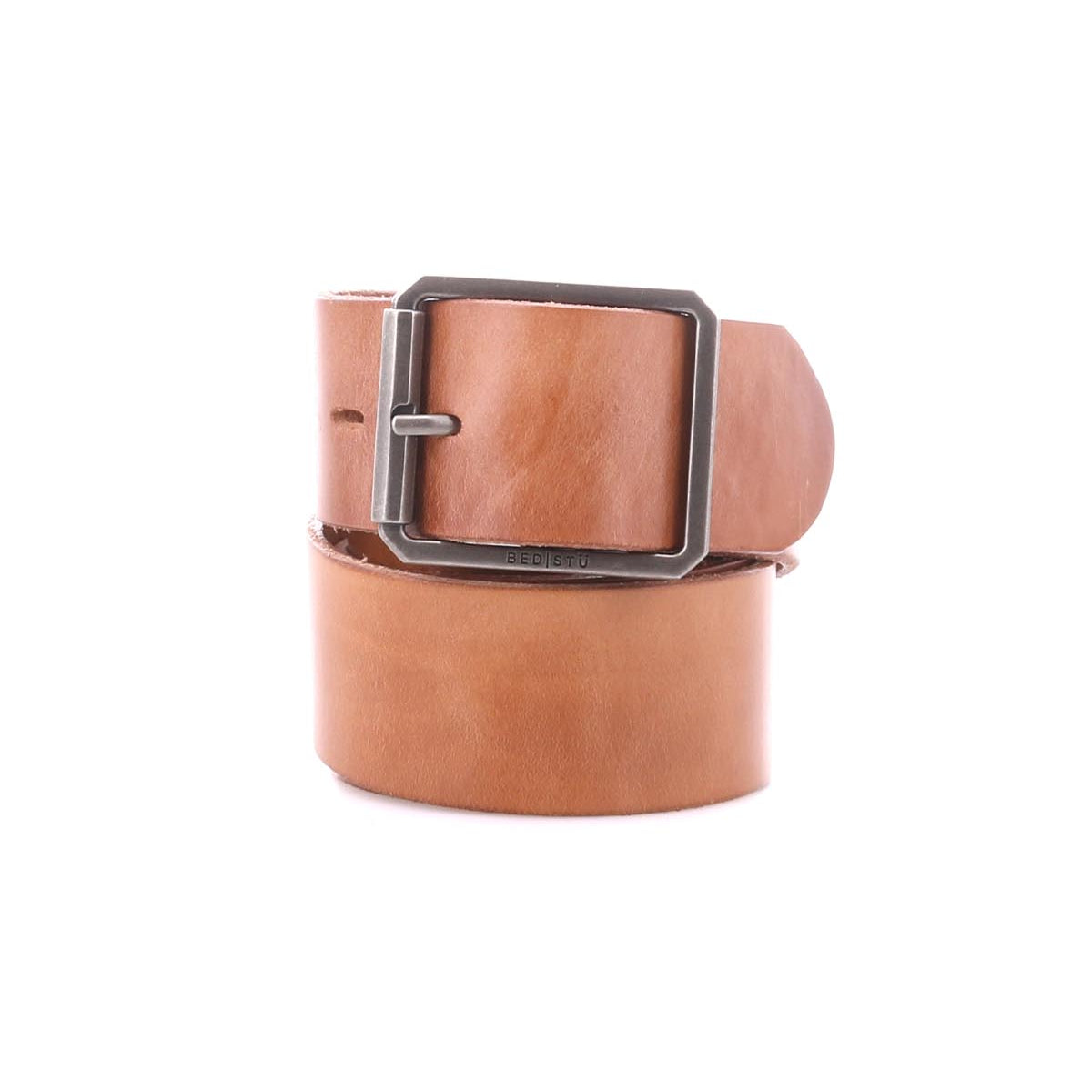 The Bed Stu Hobo is a brown leather men's belt with a square silver buckle, rolled for display against a white background—a timeless and dressy accessory.
