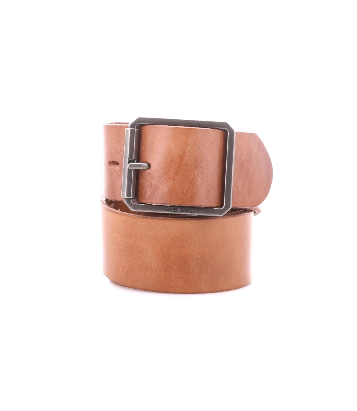 The Bed Stu Hobo is a brown leather men&#39;s belt with a square silver buckle, rolled for display against a white background—a timeless and dressy accessory.