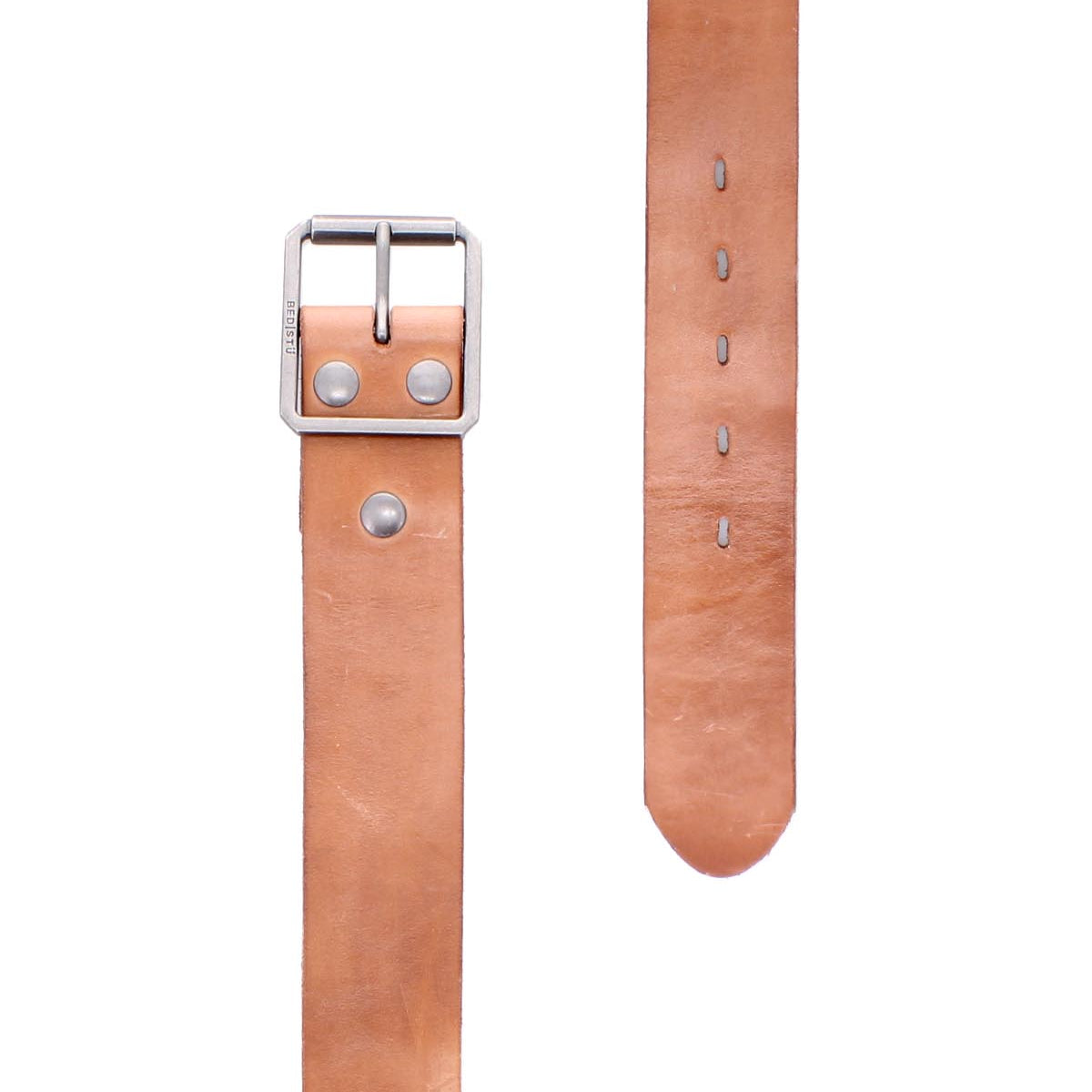 The Bed Stu Hobo is a light brown leather men’s belt with a silver rectangular buckle and multiple adjustment holes, shown from both the buckle and pointed end views.