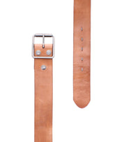 The Bed Stu Hobo is a light brown leather men’s belt with a silver rectangular buckle and multiple adjustment holes, shown from both the buckle and pointed end views.
