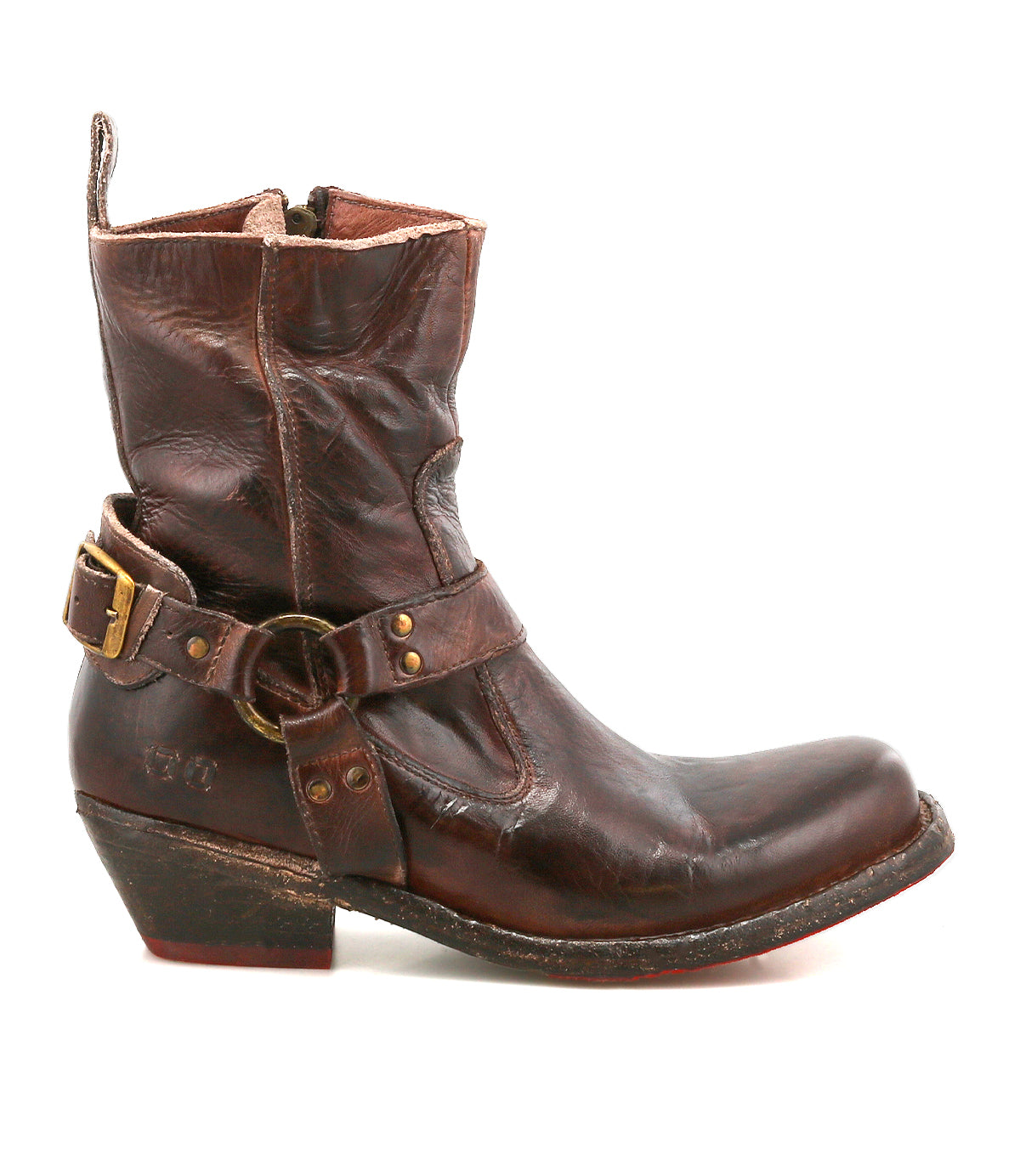 The Bed Stu Homage is a rugged men's fashion boot crafted from worn brown leather, featuring a low heel, decorative strap with brass buckle, side zipper, and square toe—perfect for adding standout style to any collection.