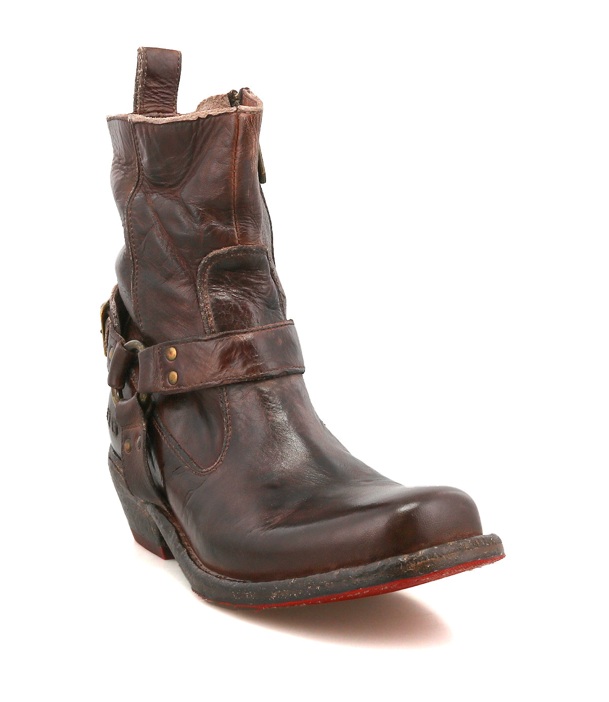The Bed Stu Homage is a single worn brown men's fashion boot with a buckle strap, zipper, and slightly square toe, shown on a white background.