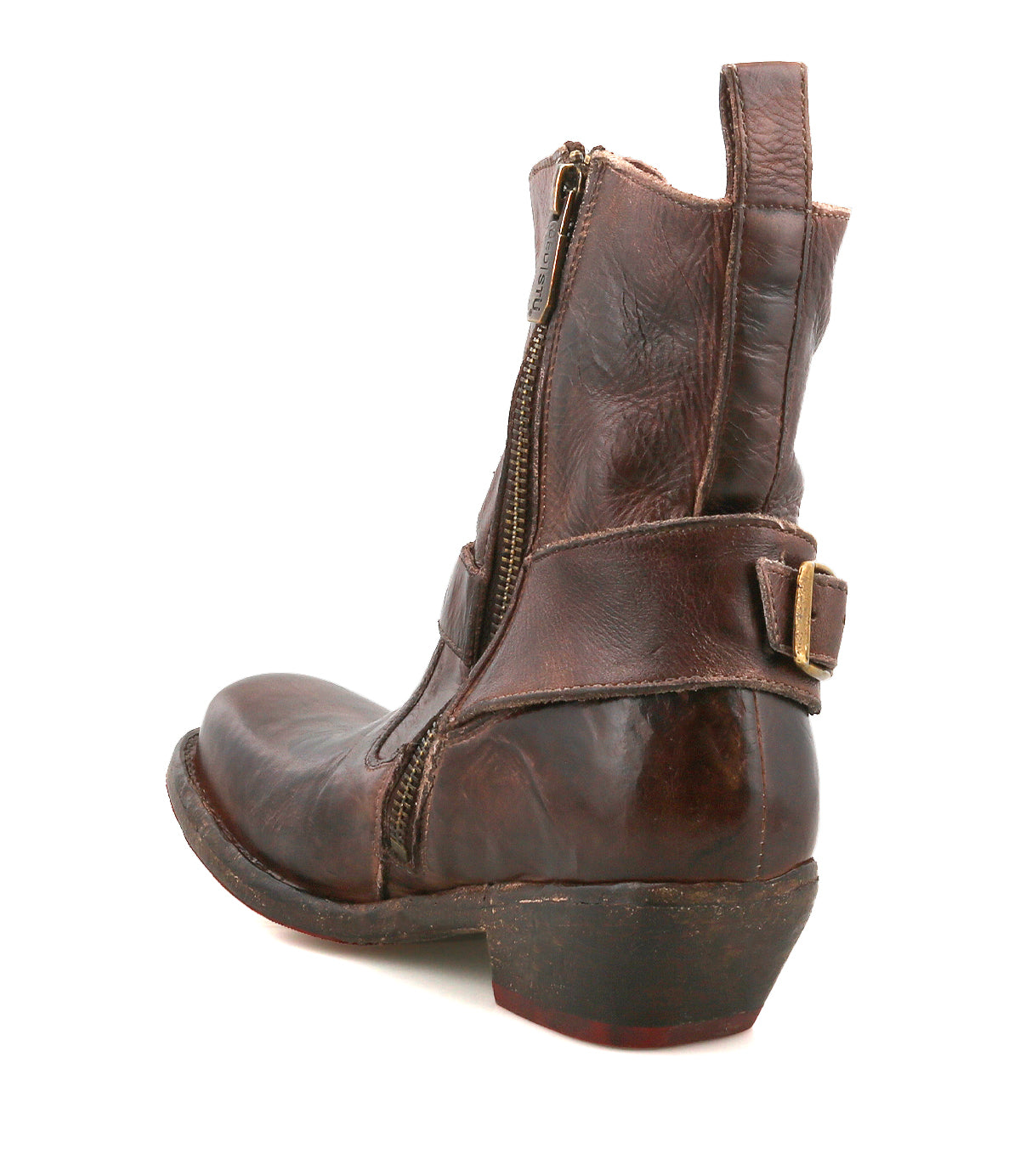 The Bed Stu Homage is a single brown leather ankle boot with a square toe, side zipper, buckle strap, and low chunky heel shown against a white background.