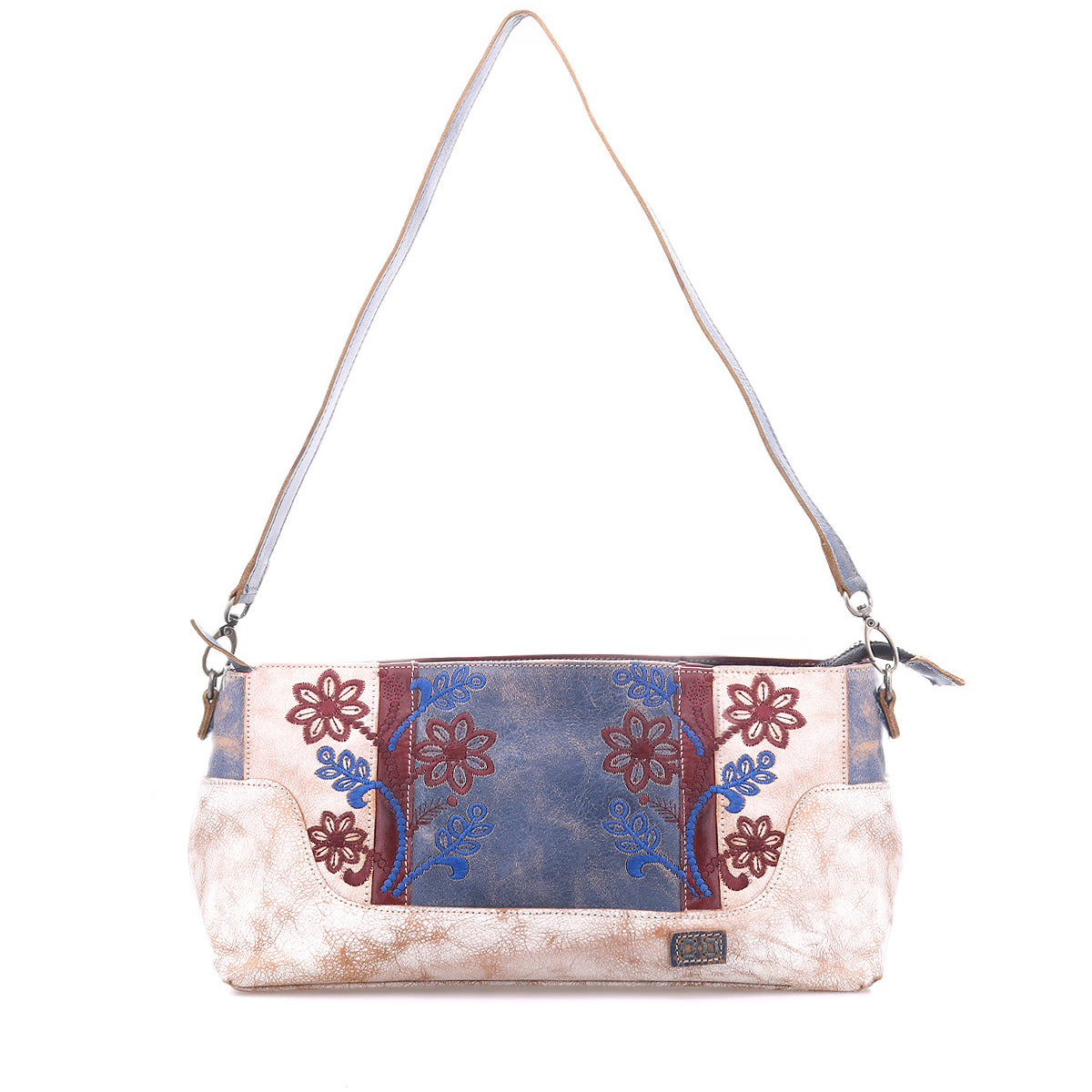 The Bed Stu Hyperbolic is a rectangular bohemian leather shoulder bag featuring beige, blue, and maroon floral embroidery, a brown strap, and a small metal logo plate on the front.