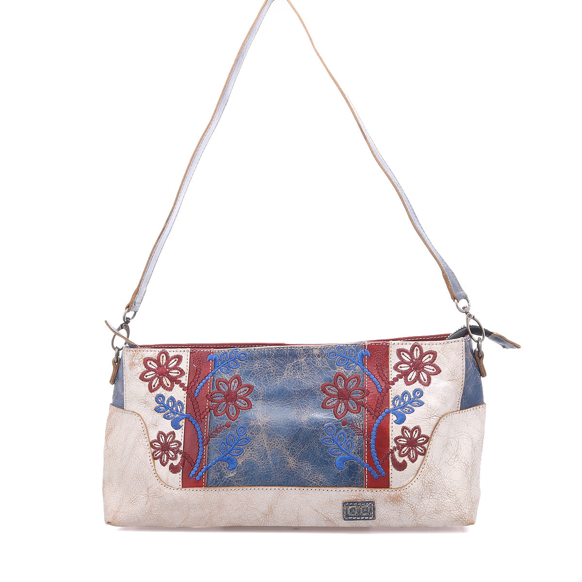 The Bed Stu Hyperbolic is a handcrafted beige leather shoulder bag with a long strap, blue and red floral embroidery on the front, and bohemian blue and brown accents.