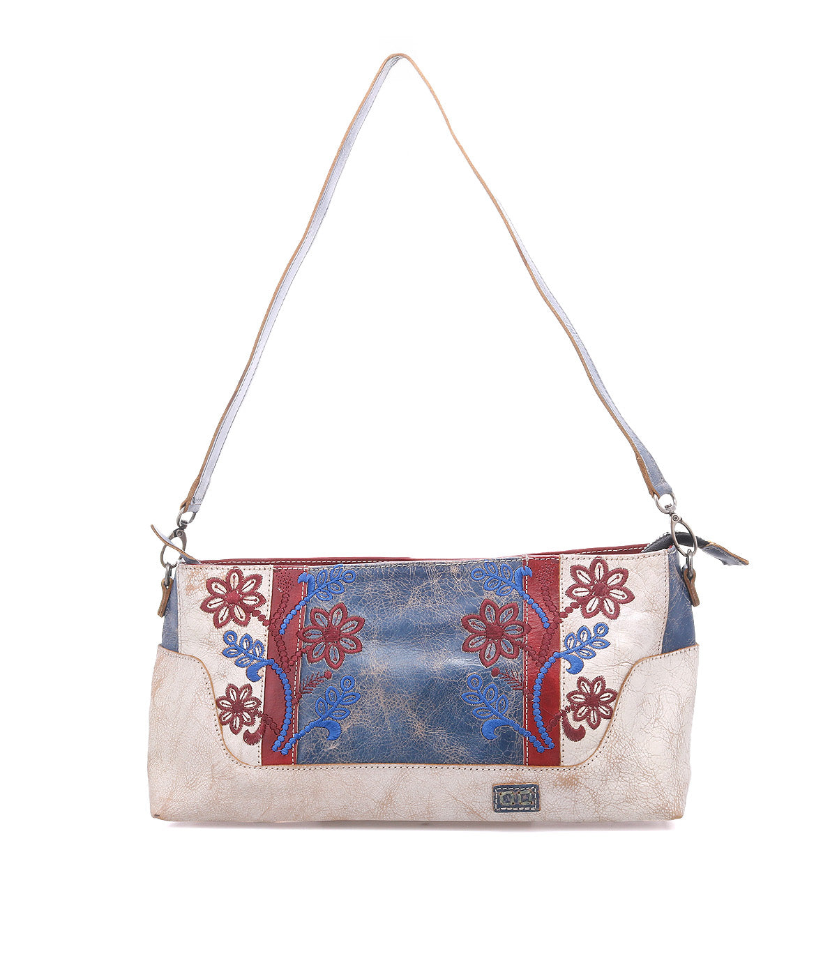 The Bed Stu Hyperbolic is a handcrafted beige leather shoulder bag with a long strap, blue and red floral embroidery on the front, and bohemian blue and brown accents.