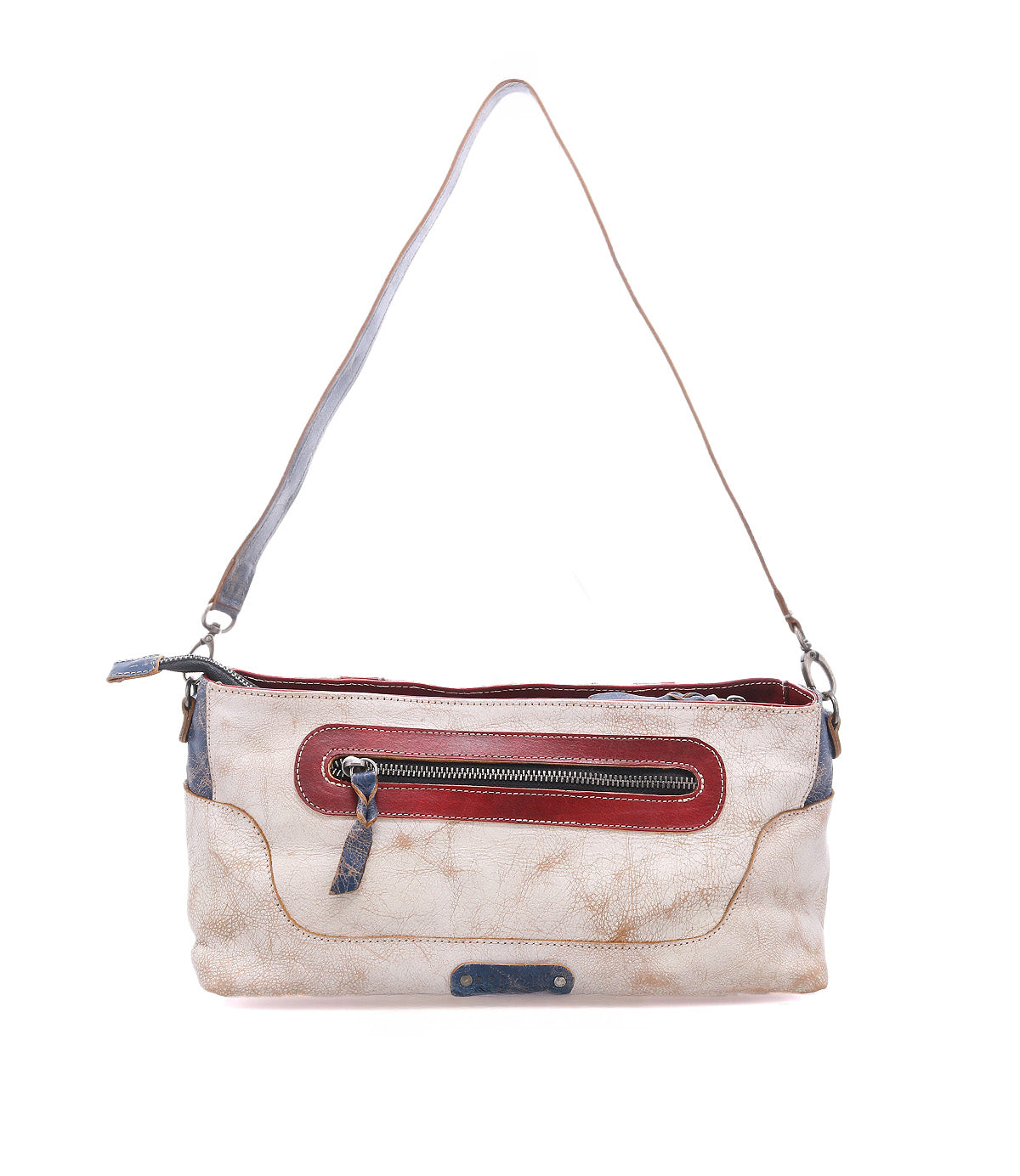 The Bed Stu Hyperbolic is a handcrafted rectangular beige leather shoulder bag featuring a brown front zipper pocket and single strap, adding bohemian charm to your look.