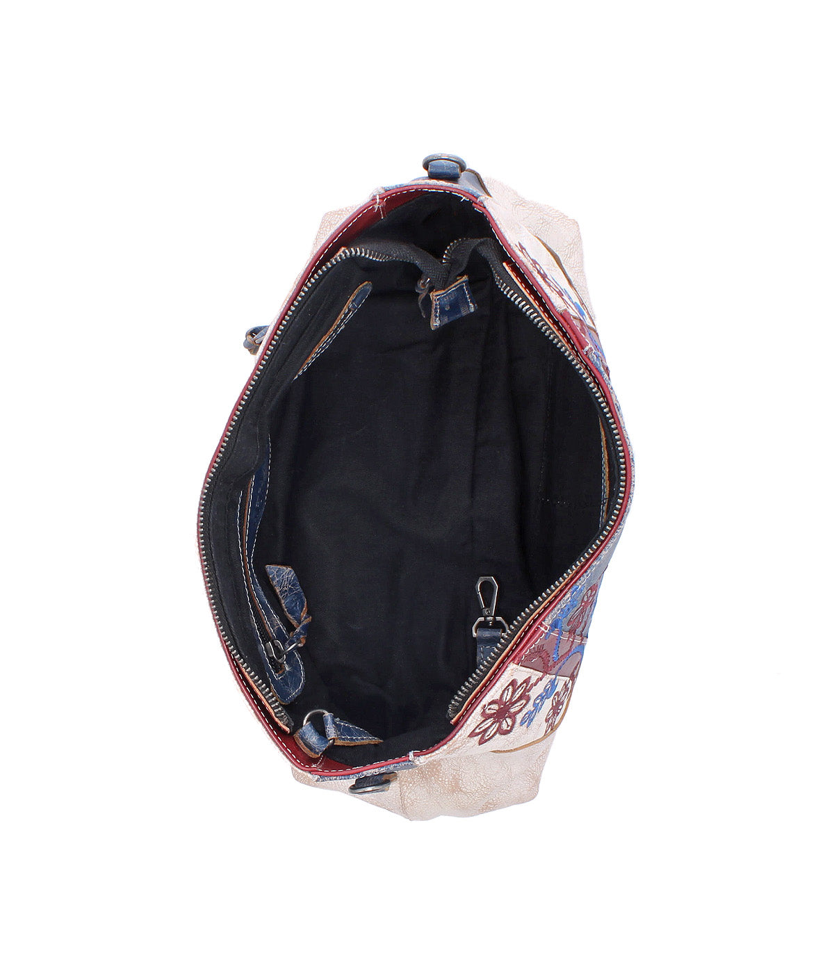 Top view of Bed Stu’s Hyperbolic handbag—handcrafted fabric with floral pattern, spacious black interior, zip pocket, and metal key clip for a boho style touch.