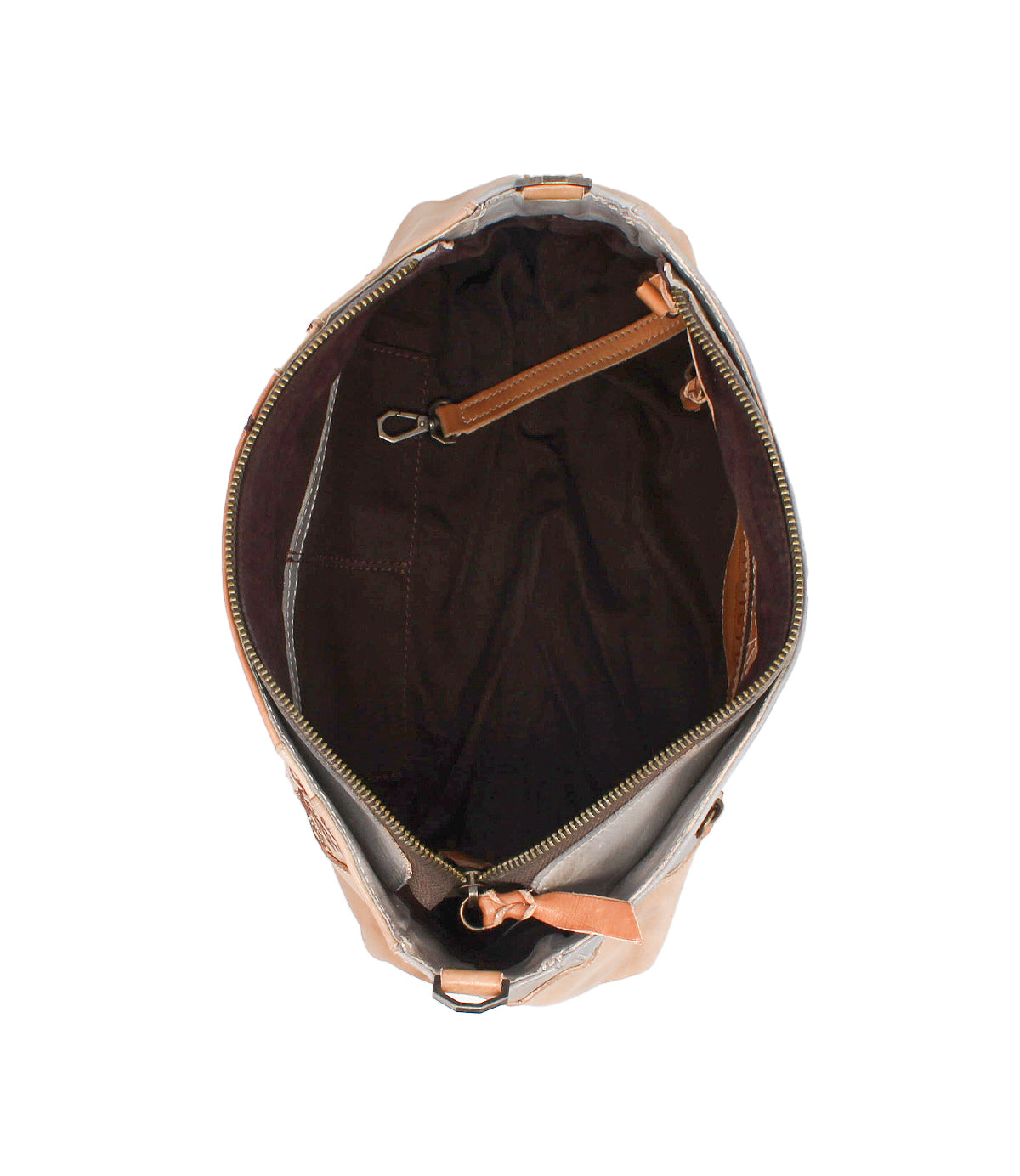 A top-down view of the Bed Stu Hyperbolic, a handcrafted brown leather shoulder bag with a dark fabric interior, inner zip pocket, and secure clasp.