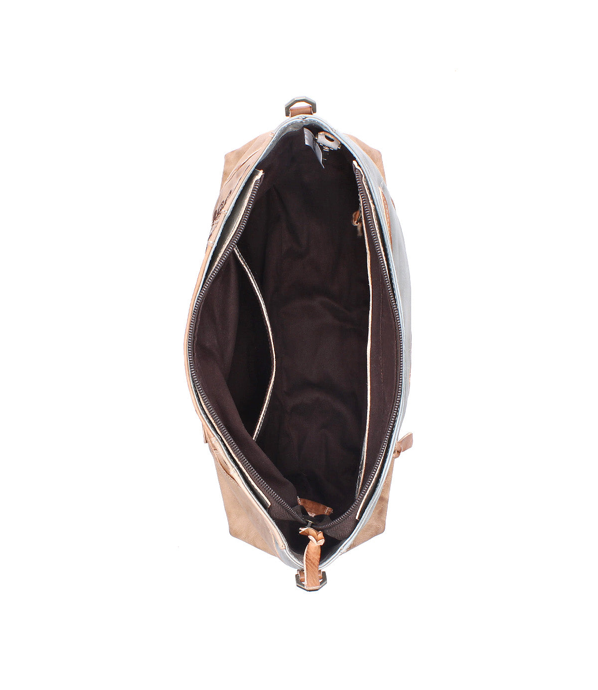 Top view of the Bed Stu Hyperbolic shows its spacious interior, featuring a zippered pocket and a large open compartment inside this handcrafted leather shoulder bag.