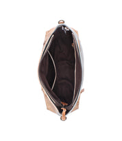 Top view of the Bed Stu Hyperbolic shows its spacious interior, featuring a zippered pocket and a large open compartment inside this handcrafted leather shoulder bag.