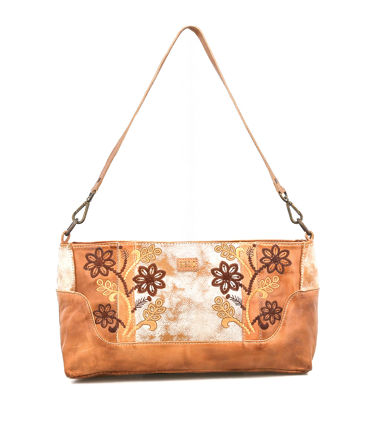 The Bed Stu Hyperbolic is a handcrafted brown leather shoulder bag featuring bohemian floral embroidery and a detachable strap, shown against a white background.