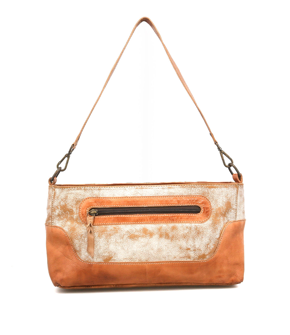 The Bed Stu Hyperbolic is a rectangular leather shoulder bag with a top handle, front zipper pocket, and a brown and cream mottled pattern for a touch of bohemian charm.