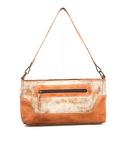The Bed Stu Hyperbolic is a rectangular leather shoulder bag with a top handle, front zipper pocket, and a brown and cream mottled pattern for a touch of bohemian charm.