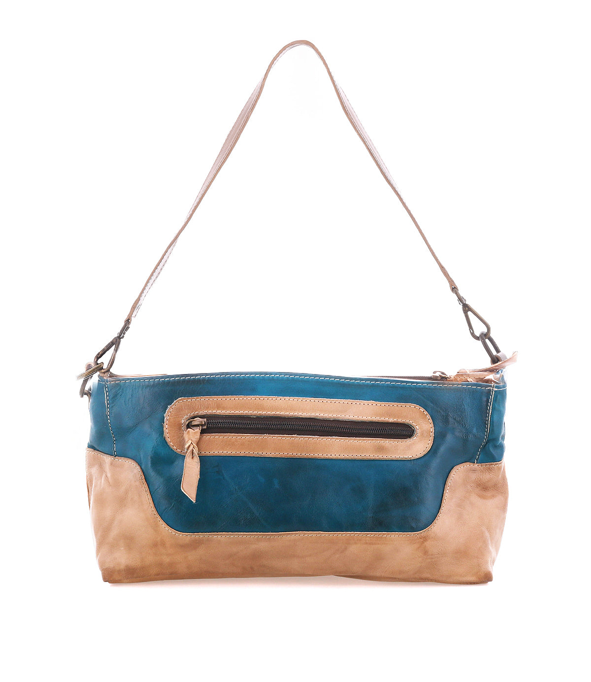 The Bed Stu Hyperbolic is a rectangular, handcrafted leather shoulder bag in blue and tan with a front zipper pocket and single tan strap for relaxed style.