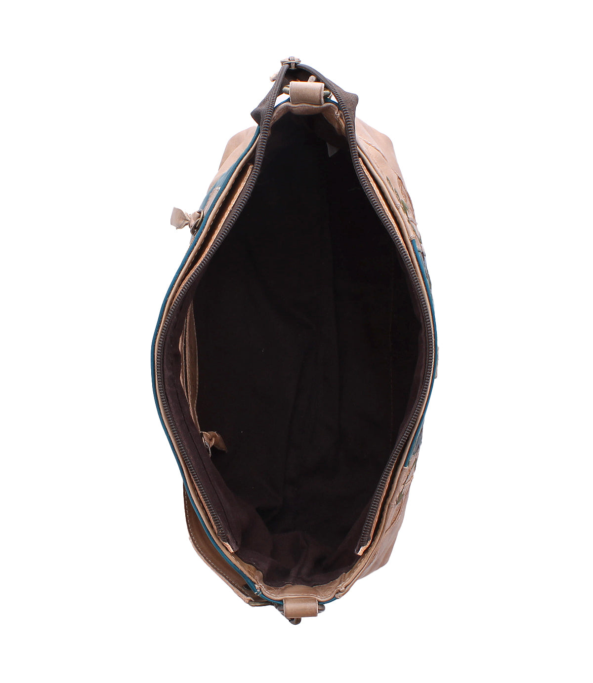 Top view of the Bed Stu Hyperbolic: a handcrafted brown relaxed leather shoulder bag with a zipper, showing a spacious black interior and no visible compartments.