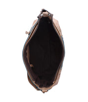 Top view of the Bed Stu Hyperbolic: a handcrafted brown relaxed leather shoulder bag with a zipper, showing a spacious black interior and no visible compartments.
