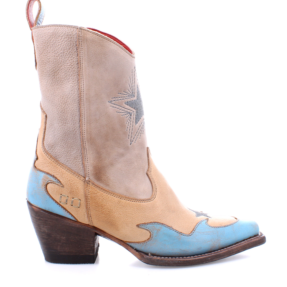 A handcrafted Hyperspeed leather boot with blue and beige accents by Bed Stu for women.