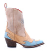 A handcrafted Hyperspeed leather boot with blue and beige accents by Bed Stu for women.