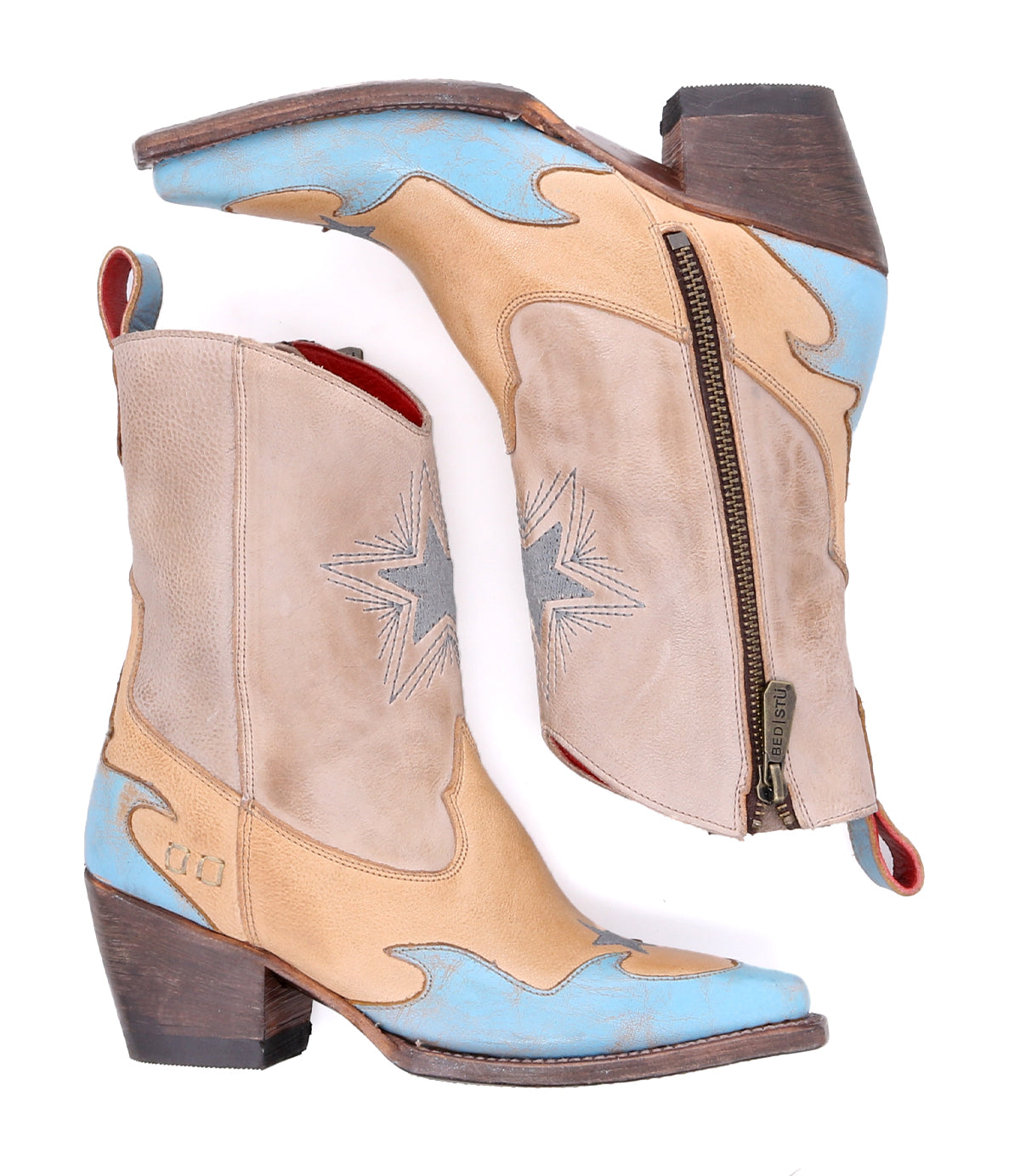A pair of artfully handcrafted Hyperspeed cowboy boots by Bed Stu in beige and blue.