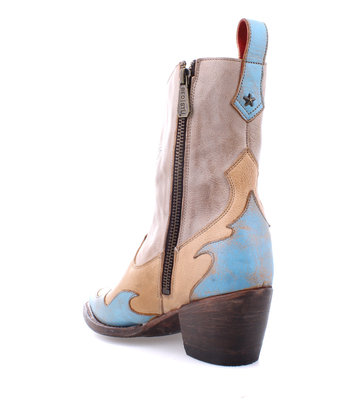 A handcrafted Hyperspeed women's cowboy boot with a blue and beige color from Bed Stu.