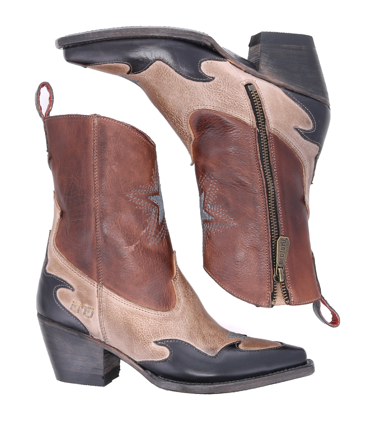 A pair of Hyperspeed cowboy boots in brown and tan.