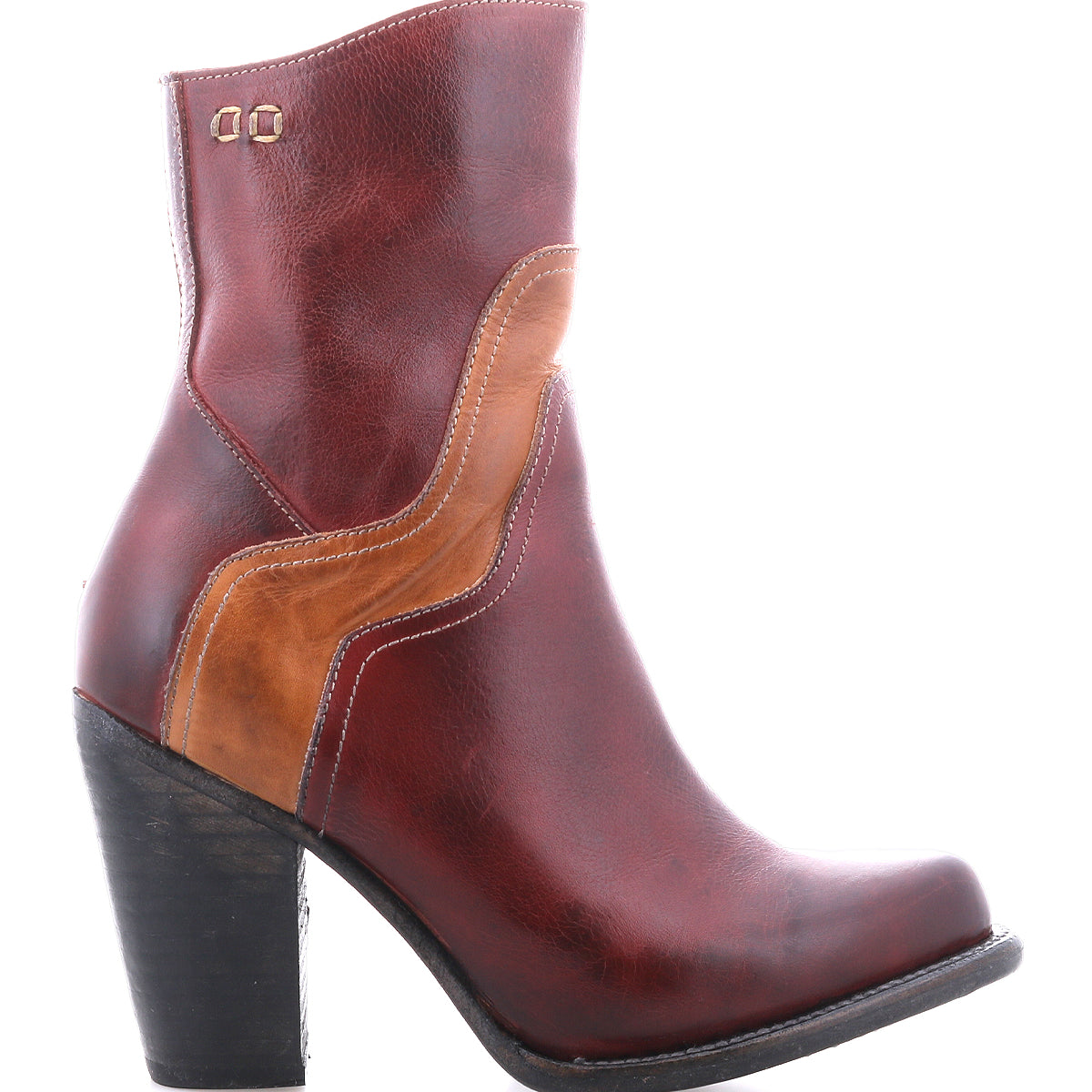 The Bed Stu Iazu is a handcrafted leather boot with a medium stacked heel, decorative stitching, and a distinctive wavy tan accent on the side.