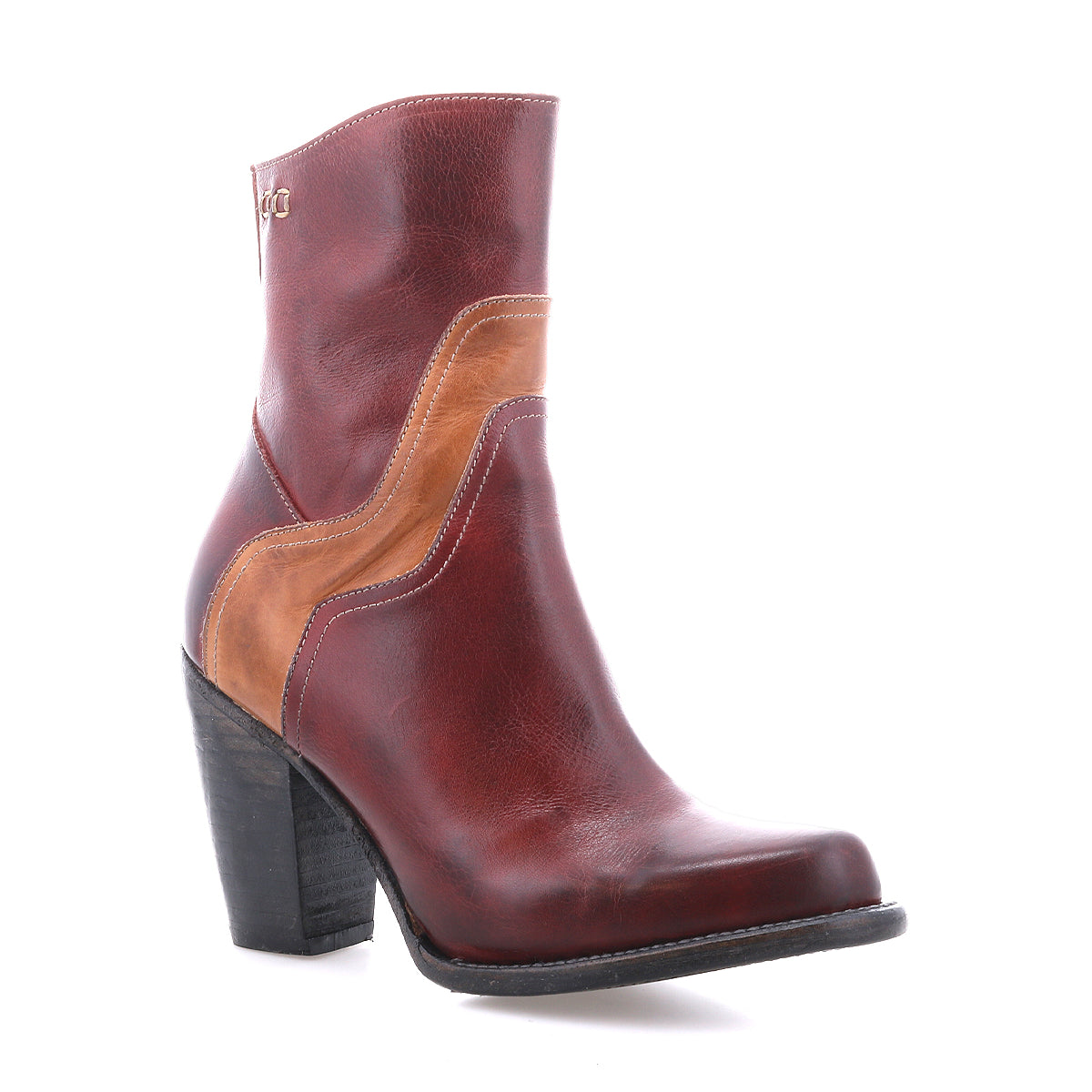 The Bed Stu Iazu is a handcrafted leather boot in brown and tan, featuring a chunky stacked heel, decorative stitching, and a square toe, shown against a white background.