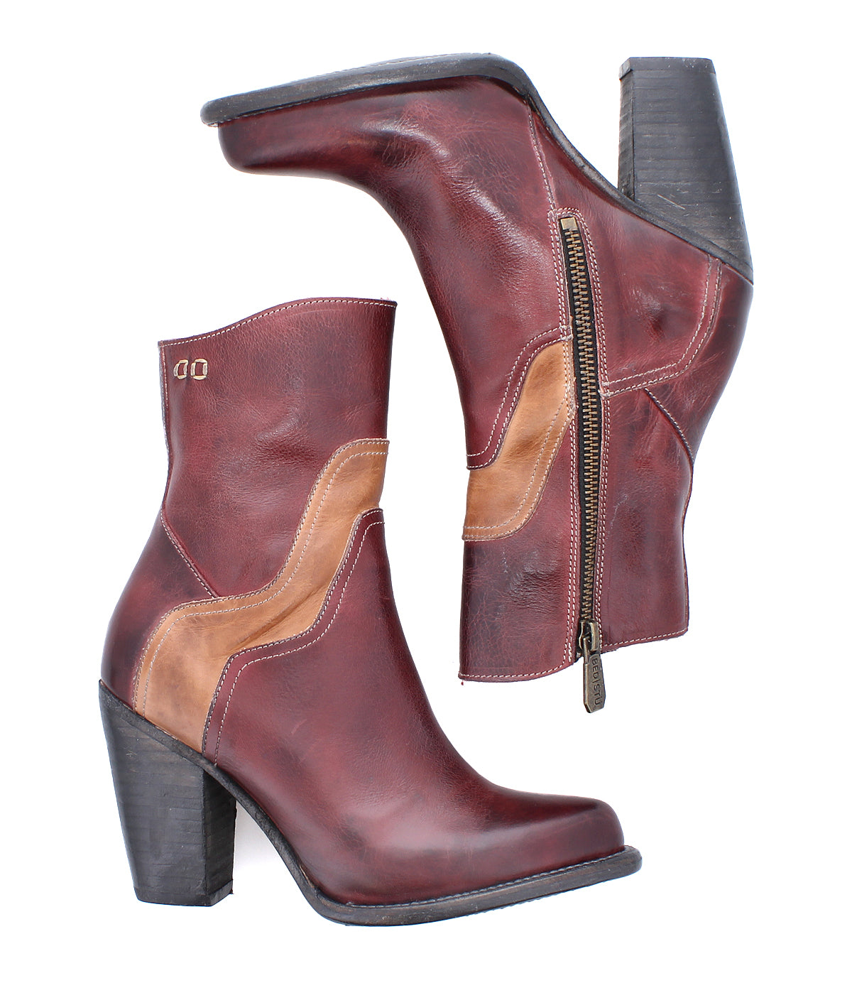 The Bed Stu Iazu boots are handcrafted in brown leather with tan accents, featuring a stacked heel, square toe, and side zippers. Shown on a white background.