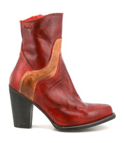 The Bed Stu Iazu is a red and brown handcrafted leather boot featuring a stacked high heel, square toe, and decorative stitching, displayed in profile against a plain white background.